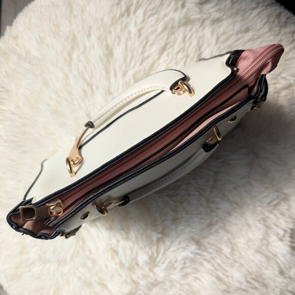 Embroidered Satchel w/ Crossbody Strap & Cat Coin Purse - White Faux Leather - Picture 9 of 12